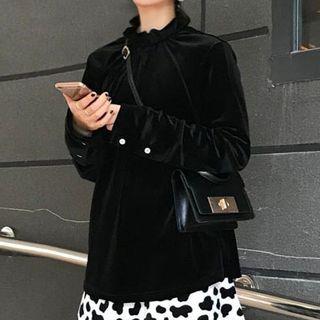 Ruffle Trim Velvet Blouse Black - One Size