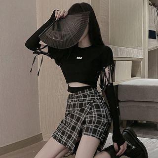 Long-sleeve Cut-out Top / Plaid Mini A-line Skirt