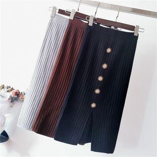High-waist Ribbed Split Hem Knit Skirt