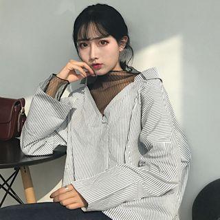 Long-sleeve Striped Mesh Panel Blouse