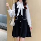 Mock Two-piece Bow-neck Midi A-line Dress White & Dark Blue - One Size