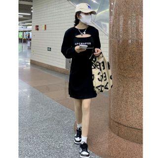 Set: Long-sleeve Crop Top + Spaghetti Strap Lettering Mini Dress