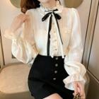 Bell-sleeve Ribbon Tie-neck Ruffled Blouse