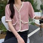 Elbow-sleeve Single-breasted Houndstooth Jacket