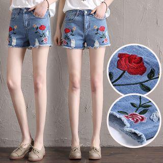 Distressed Rose Embroidery Denim Shorts