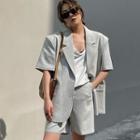 Short-sleeve Plaid Blazer / Shorts / Spaghetti Strap A-line Dress