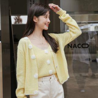 Set: Flower Detail Cardigan + Knit Camisole Top