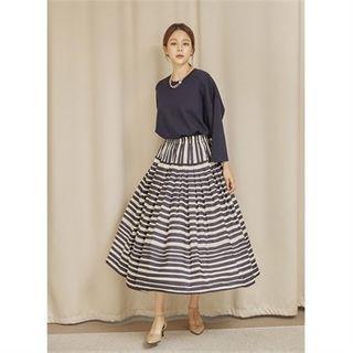 Band-waist Stripe A-line Skirt Black - One Size