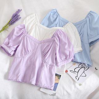 Puff-sleeve Plain Crop Top