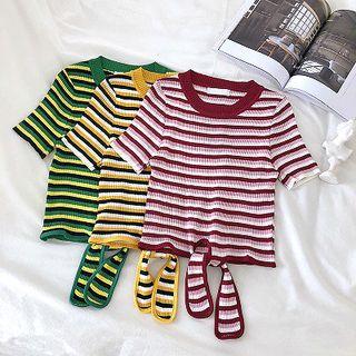 Lace-up Striped Crewneck Knit Top