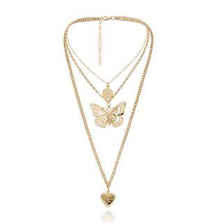 Metal Disc Heart & Butterfly Pendant Layered Choker Necklace