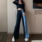 High-waist Two Tone Washed Wide Leg Jeans