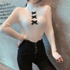Mock-neck Lace-up Knit Top