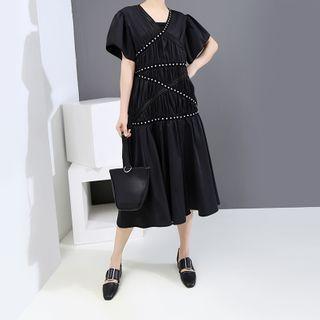 Short-sleeve Studded Shirred Midi A-line Dress