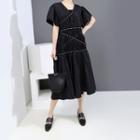 Short-sleeve Studded Shirred Midi A-line Dress