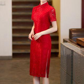 Short-sleeve Midi A-line Chinese Wedding Lace Dress