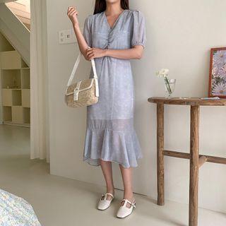 Shirred Front Floral Print Chiffon Dress