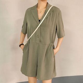 Elbow-sleeve Plain Collar Button-up Loose-fit Mini Dress Green - One Size