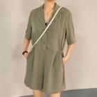 Elbow-sleeve Plain Collar Button-up Loose-fit Mini Dress Green - One Size