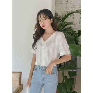 V-neck Lace-trim Textured Blouse