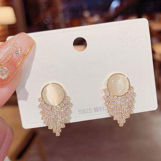 Sterling Silver Cat Eye Stone Rhinestone Fringed Stud Earring