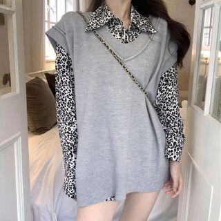 Long-sleeve Leopard Printed Shirt / V-neck Plain Knit Vest