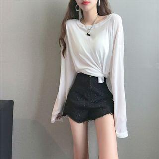 Long Sleeve Round Neck Slit-side Plain Top White - One Size