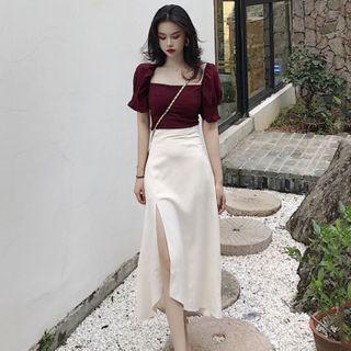 Puff-sleeve Square-neck Crop Top / A-line Midi Skirt