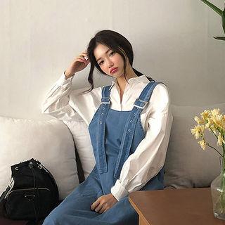 Fray-hem Denim Maxi Overall Dress