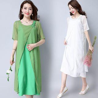 Set: Short-sleeve Long Top + Strappy Midi Dress