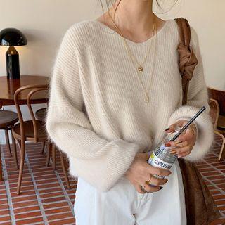 V-neck Lantern-sleeve Knit Sweater