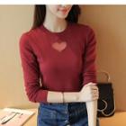 Heart Perforated Mesh Trim Long Sleeve T-shirt