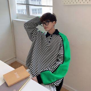 Polo-neck Striped Panel Sweatshirt