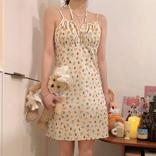 Floral Mini A-line Overall Dress Floral - Pink - One Size