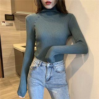 Plain Turtle-neck Slim-fit Long-sleeve Knit Shirt