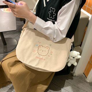 Bear Embroidered Corduroy Messenger Bag