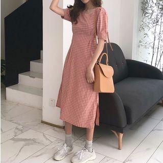 Plaid Short-sleeve Square-neck A-line Dress