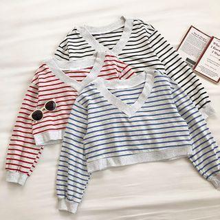 Color-block Striped V-neck Long-sleeve Top