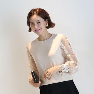 Round-neck Embroidered-sleeve Knit Top