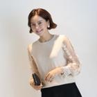 Round-neck Embroidered-sleeve Knit Top