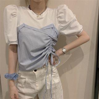 Mock Two-piece Striped Panel Drawstring Short-sleeve Top