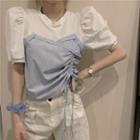 Mock Two-piece Striped Panel Drawstring Short-sleeve Top