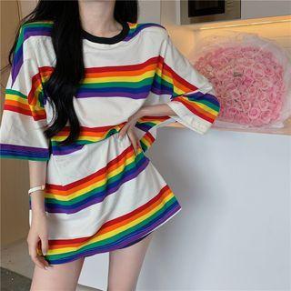 Elbow-sleeve Rainbow Striped T-shirt White & Red & Purple - One Size