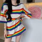 Elbow-sleeve Rainbow Striped T-shirt White & Red & Purple - One Size
