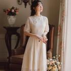 Mandarin Collar Puff-sleeve Midi A-line Lace Dress