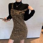 Set : Leopard Print Spaghetti-strap Dress + High-neck Inside Knit Top