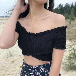 Off-shoulder Smocked Crop Top