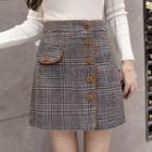 Single-breasted Tie-waist Gingham Woolen Midi Skirt