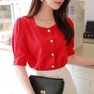 Puff-sleeve Faux-pearl Detail Blouse