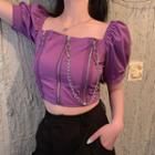 Square Neck Zipper Puff Sleeve Cropped Top